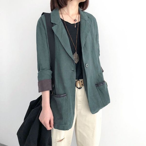 

suits autumn arts style women long sleeve single button loose casual double pocket vintage linen blazer femme coat m252 d6ui, White;black