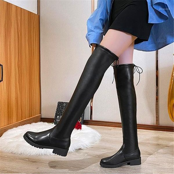 

boots women's 2021 autumn and winter plus velvet high flat leather are thin over the knee single1, Black