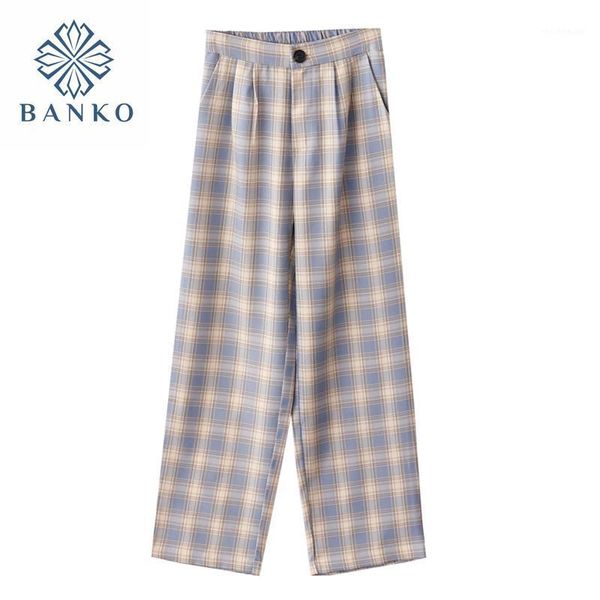 

summer basic plaid printed pants women's korean trendy streetwear high waist wide leg trousers loose casual tide female & capris, Black;white