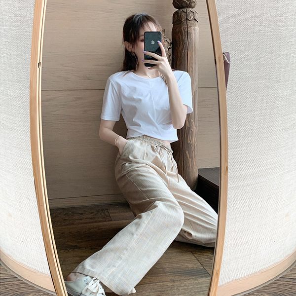 

2021 new women's white t-shaped short sleeve trousers, casual wear, all-round knitting, high waist, loose, straight leg, summer, fxfk, Gray