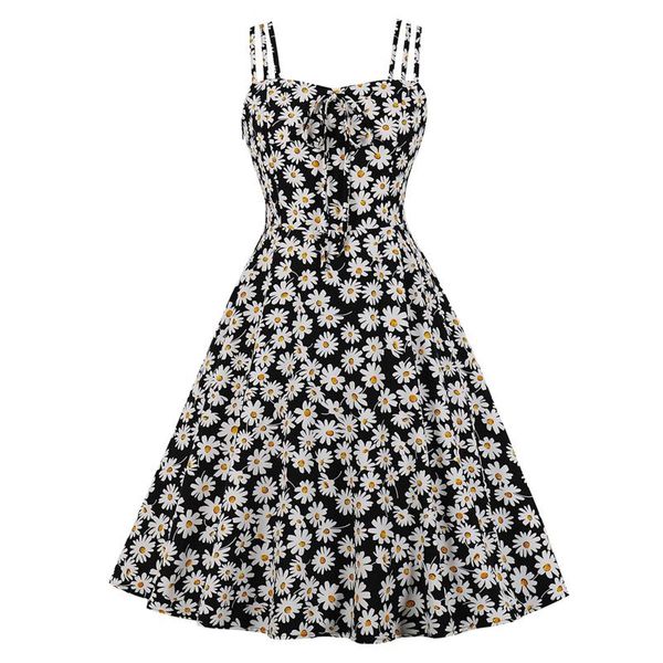

casual dresses spaghetti strap 50s 60s floral print women bow front cute daisy summer vacation vintage swing dress plus size, Black;gray