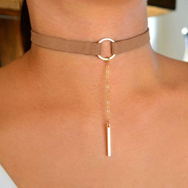 

bohemian style thick brown/black vegan suede choker with bar charm boho cord leather 90s minimalist jewelry 30+6cm chokers, Golden;silver