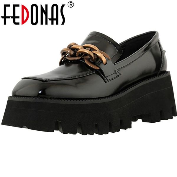 

dress shoes fedonas chunky heels woman punk metal decoration pumps genuine leather platform round toe working casual women, Black