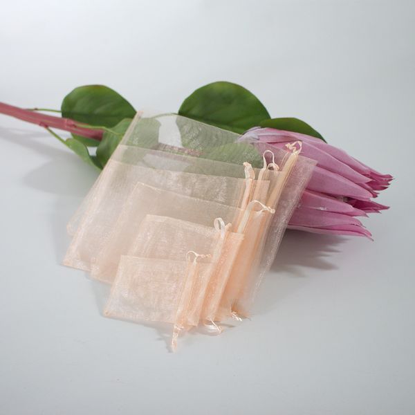 Cor de pêssego 100 pcs cosméticos saco de organza casamento doces chocolate bolsas de presente para peruca floral aroma de flor seca pode imprimir logotipo