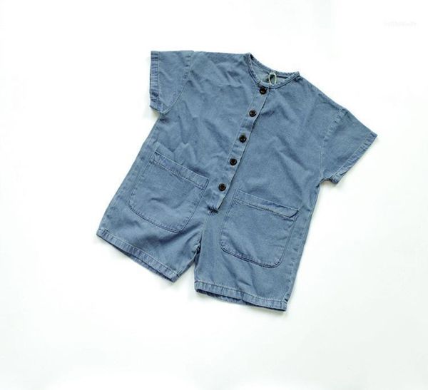 

korean style 2021 summer children denim jumpsuits pure color loose kids overalls1, Blue