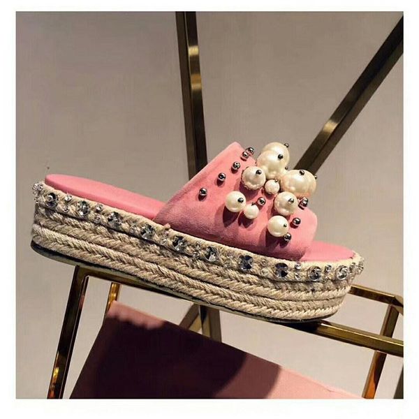 

slippers abesire woman fashion pearl embellished slip-on female peep toe flats slides ladies thick heels summer outside shoes, Black