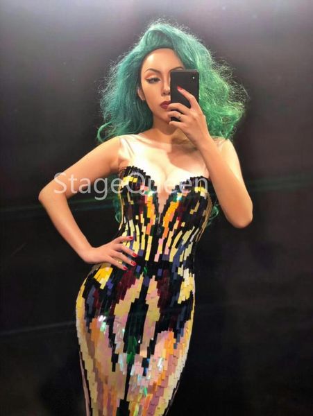 

casual dresses women stage long dress sleeveless full of colors paillette nightclub party dancer singer clothing wear costume, Black;gray