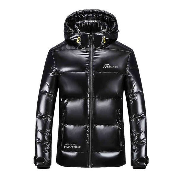 

new winter glossy white duck down et men thick warm stand collar solid color puffer male fashion hooded windproof coat, Black;white