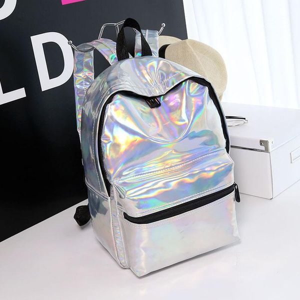 

backpack female casual women soft laser pu leather travel backpacks silver reflective school bags for teenager girls
