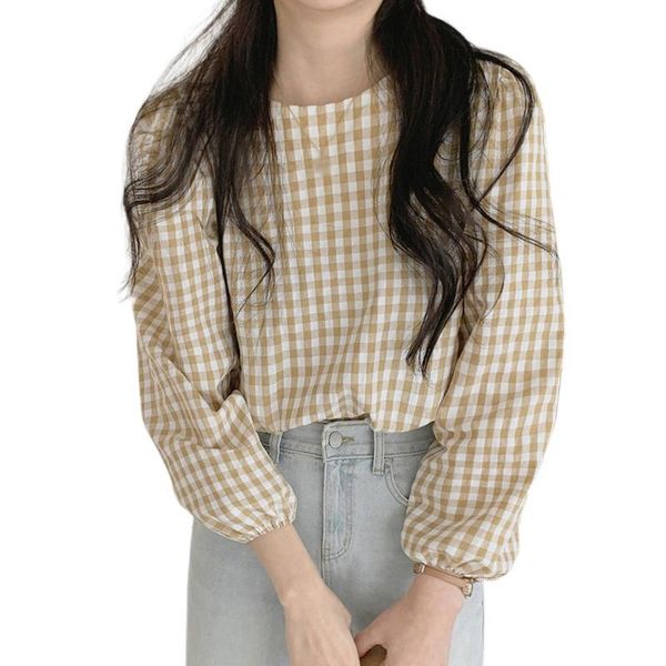 

women's blouses & shirts women korean plaid round neck loose sweet casual long-sleeved shirt blouse autumn spring, White