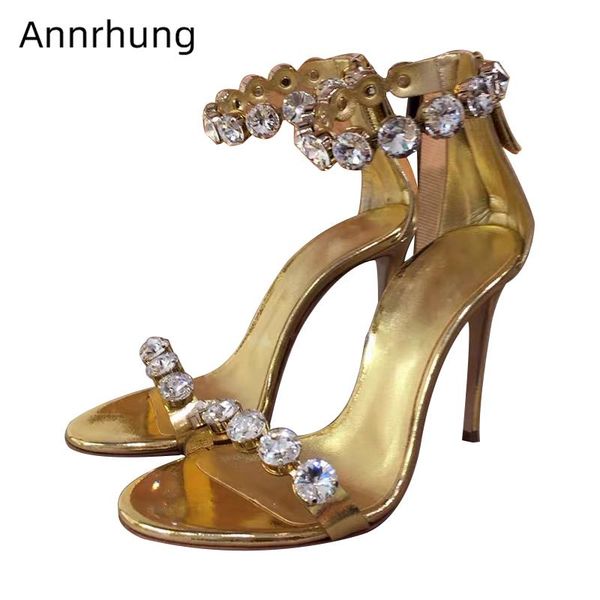 

dress shoes gold patent leather party sandals women stiletto heel cover heels back zip rhinestone diamond one-strap banquet woman, Black