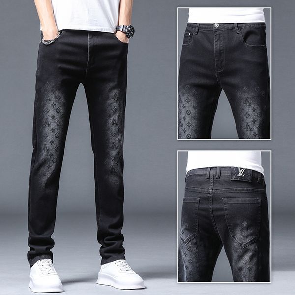 

Jeans Summer Black Men's Printed Diamond Slim Fit Leggings Korean Casual Pants Thin, Blue