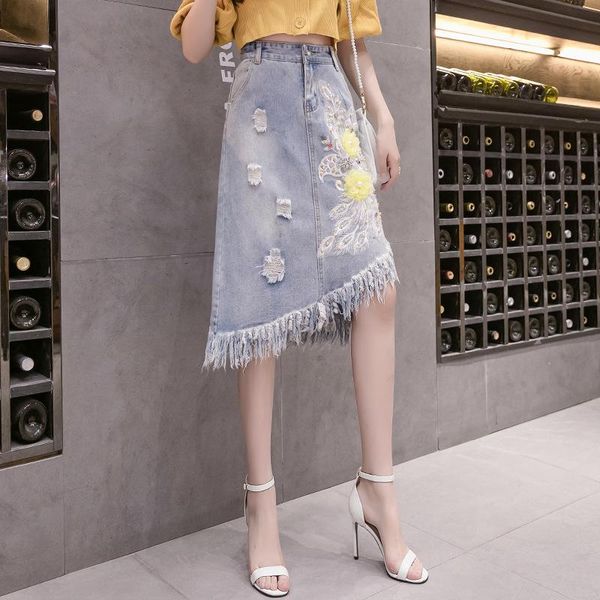 

skirts high waist plus size beading pearls embroidery ripped tassel irregular denim skirt summer spring jeans vintage fashion 2021, Black
