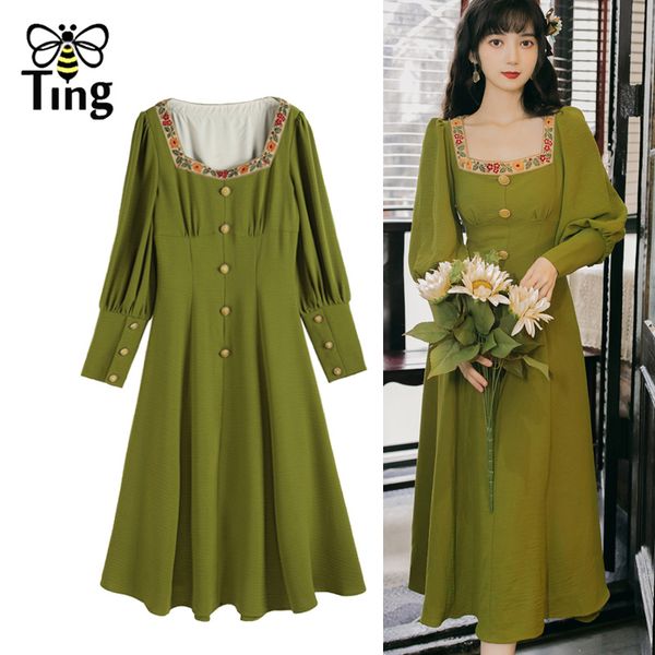 

vintage elegant women midi a line dress flower emboridery button decor lady soft girl casual tea length vestitis d 210513, Black;gray