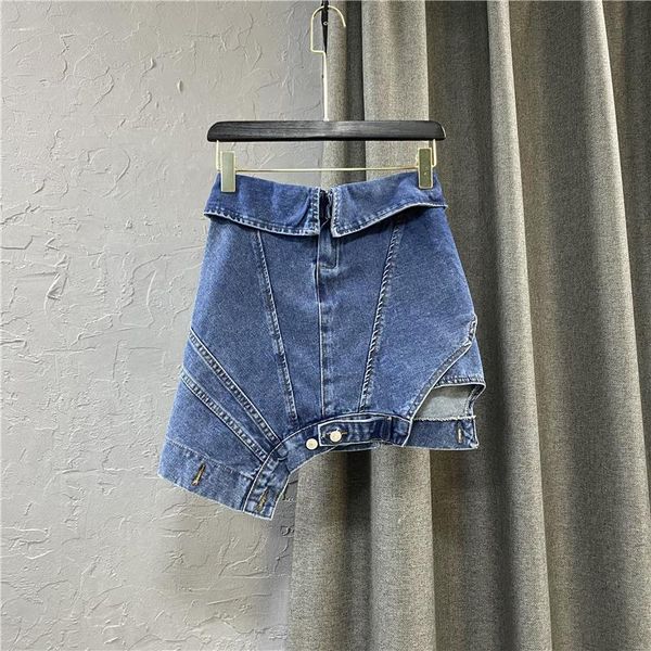 

skirts 2021 summer trend high waist denim skirt fashion lady casual bottom asymmetrical cuffs patched pockets women jeans mujer faldas, Black