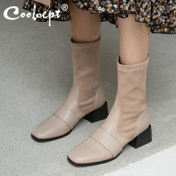 

boots coolcept plus size 31-48 women mid calf square toe patchwork winter autumn shoes fashion cool short1, Black