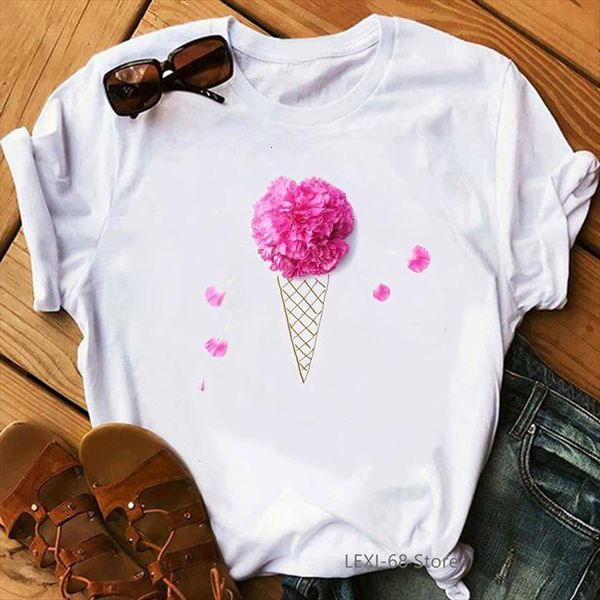

pink rose art printed cute women t shirts tee femme aesthetic clothes kawaii drop, White
