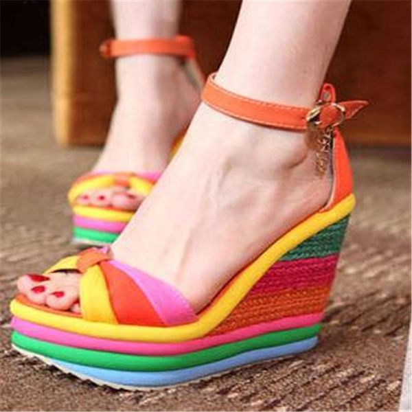 

summer bohemia casual rainbow peep toe platform sandals for womens wedges sandalias plataforma shoes high, Black