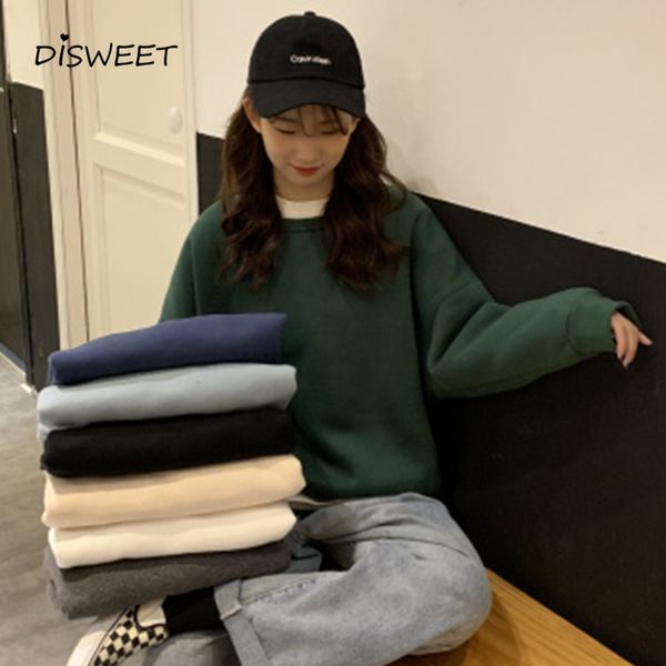 

sweatshirts solid o-neck pullovers hoodie woman korea long-sleeved loose sweatshirts women casual plus cashmere women's winter, Black