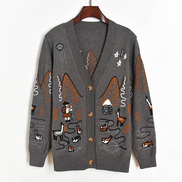 

women's knits & tees runway cardigan women sweater coat autumn village cartoon embroidery knitted overcoat v neck single breasted, White