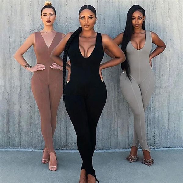 

deep v-neck sleeveless solid color tank jumpsuit overalls 2021 women summer sports bodycon long trouser street women's jumpsuits & romp, Black;white