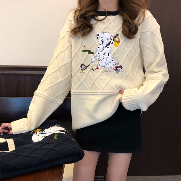 

2colors 2021 autumn winter korean style loose funny cartoon sweaters thick warm knitted sweaters and pullovers womens (c9622), White;black