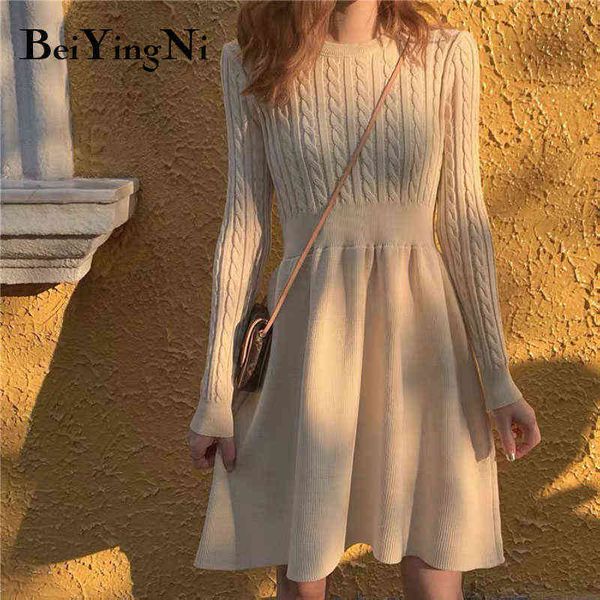 

beiyingni knitted mini sweaters dresses womans solid color casual elegant warm autumn winter basic vestidos female khaki vestido y1204, Black;gray