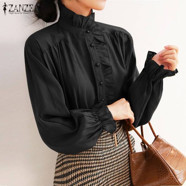 

blouses fashion women blouse 2021 spring ruffle ol shirts casual solid puff sleeve stand collar ladies basis blusa plus size, White