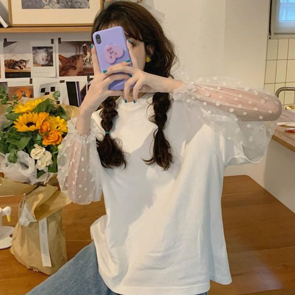 

t-shirts women lace long lantern sleeves fake two pieces summer korean style loose simple sweet womens streetwear lovely chic women's t, White
