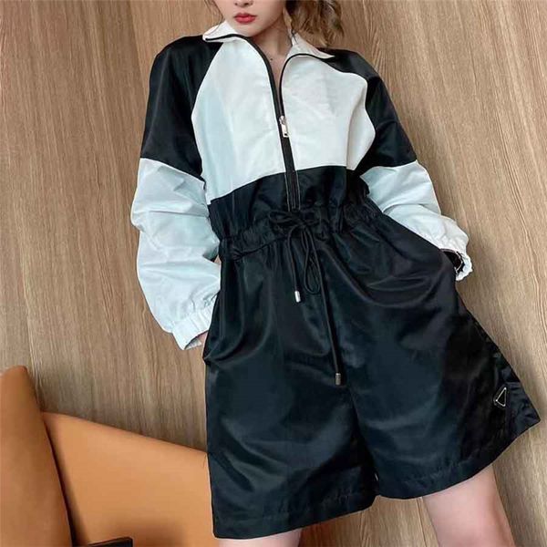 

casual designer nylon jumpsuit tracksuits women long sleeve stand collar shorts zipper elastic tracksuit, Gray