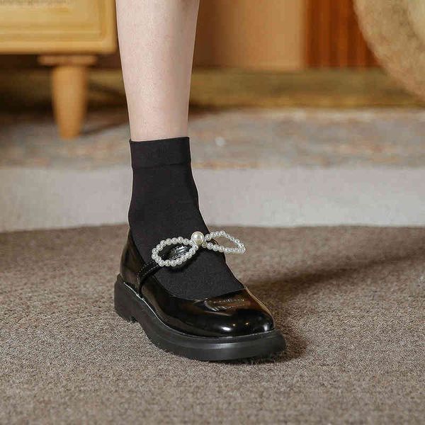 

dress shoes nova mary jane sapatos de couro arco nÃ³ pÃ©rola patente plana sola grossa Ãºnico femininos zkcr, Black