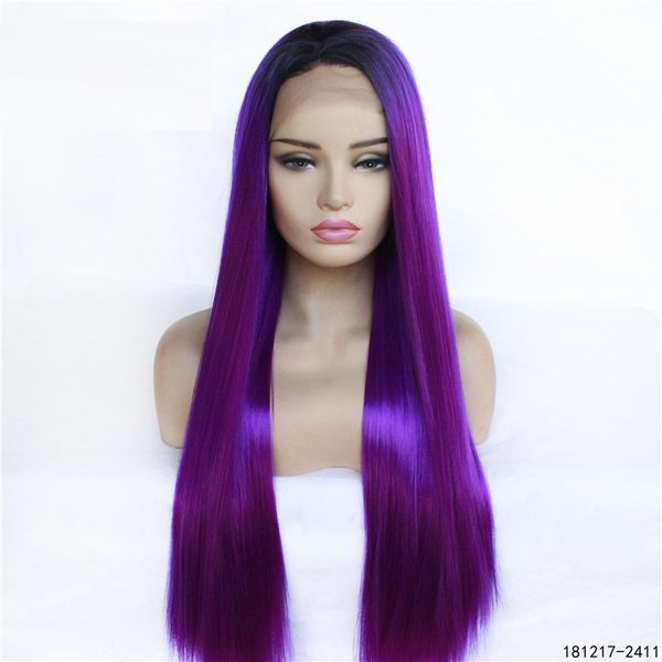 Parrucca anteriore in pizzo sintetico lungo 12 ~ 26 pollici Parrucca per capelli umani di simulazione di colore viola Ombre lisci come la seta 181217-2411