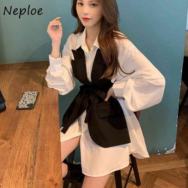 

neploe small fragrance work style ol slim dress women fake 2 pcs patch loose vestidos turn down collar long sleeve robe spring 210423, Black;gray