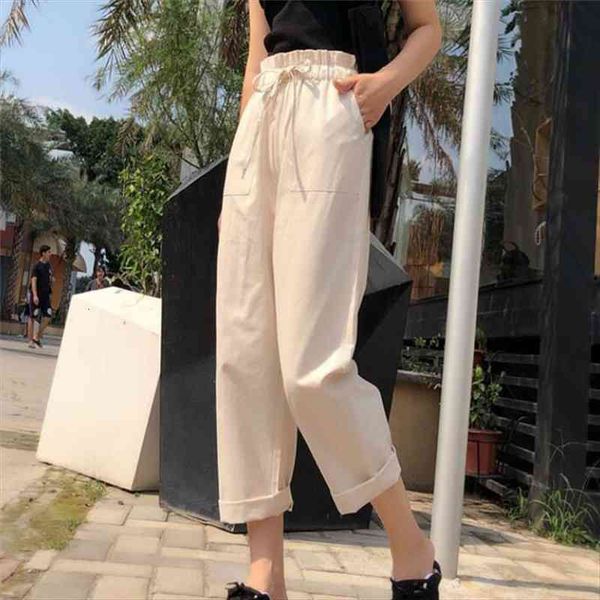 

sashes high elastic waist pants ankle length haren pants women casual harajuku long thin section trousers for women, Black;white