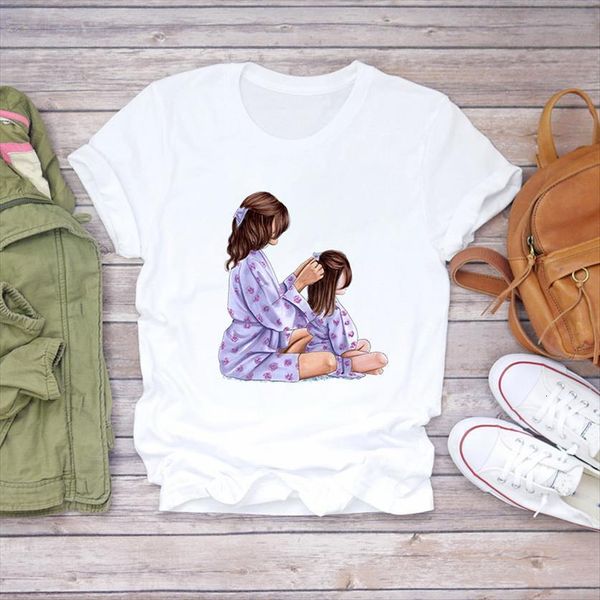 

wild o neck womens t shirt short sleeve harajuku printed fashion mother daughter, White