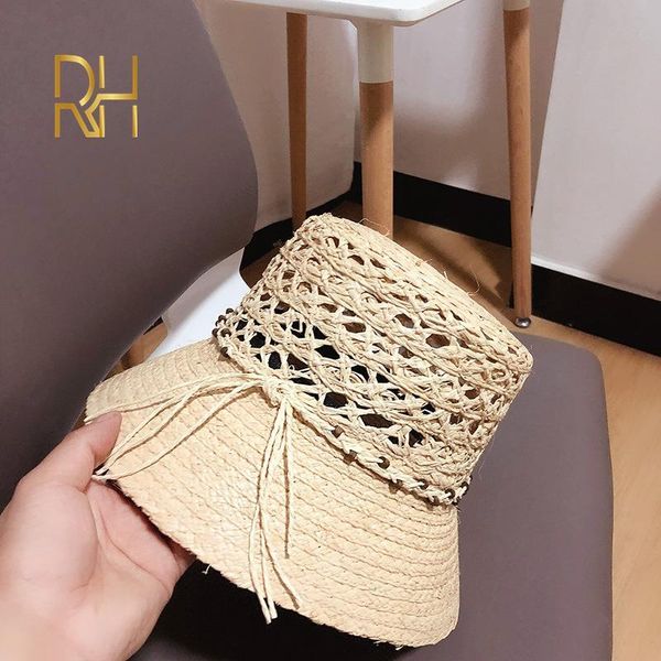 

wide brim hats 2021 handmade raffia bow sun hat floppy summer for women beach panama straw dome bucket femme shade, Blue;gray