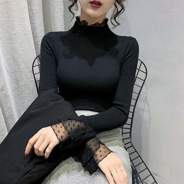 

women's sweaters lace patchwork turtleneck knitted women sweater and pullovers flare sleeved solid elastic office lady buttoming pulls, White;black