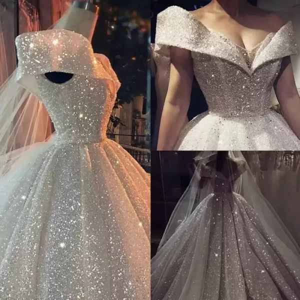 

sparkly sequins ballgown wedding dresses 2022 bridal gown off the shoulder sweep train satin tulle plus size custom made vestido de novia, White
