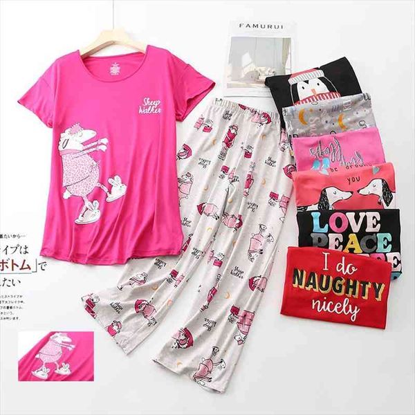 

2piece set cotton pajamas womens sleepwears short sleeve t shirt long pants pyjama big size mom homewear cozy plus, Black;red