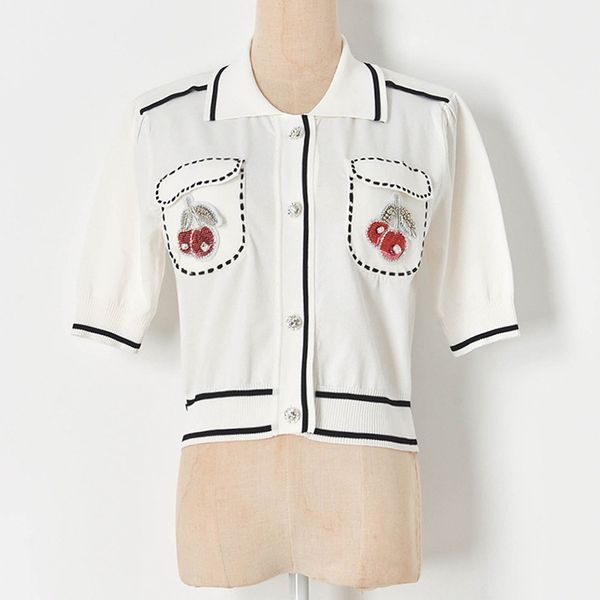 

knits summer women crop short sweater shirt white turn-down collar crystal buttons beaded pocket knit cardigan