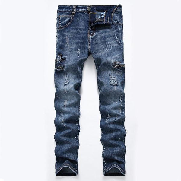

men's jeans foreign trade elastic multi color zipper slim print light gray amazon pants, Blue