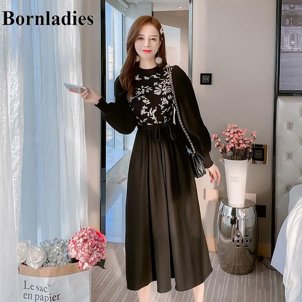 

casual dresses 2022 spring elegant korean japan style long sleeve pleated dress black knitted silk patchwork long-sleeved, Black;gray