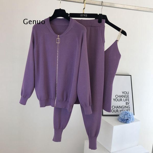 

women's two piece pants autumn winter women knitted tracksuits 3 set zipper jacket coat+tank +elastic suit casual sports outfits female, White