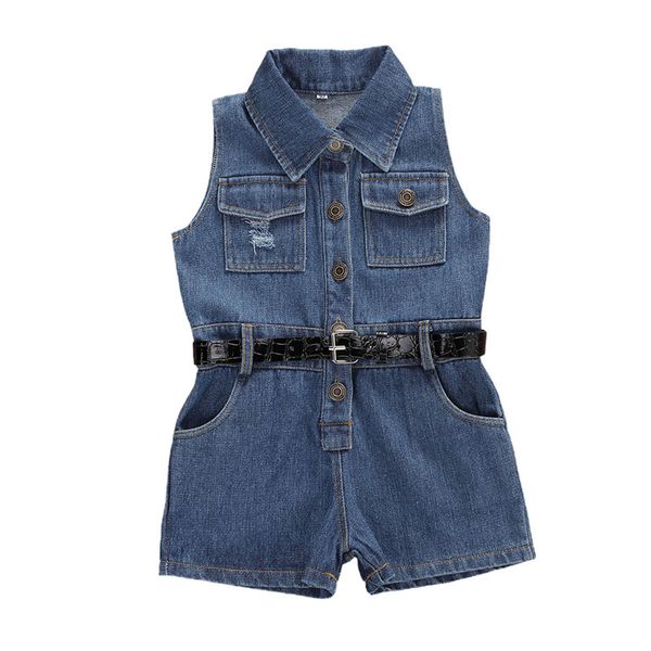 

kids newborn baby boys girls cotton sleeveless button button romper with belt jumpsuits toddlder children denim clothes outfit, Blue
