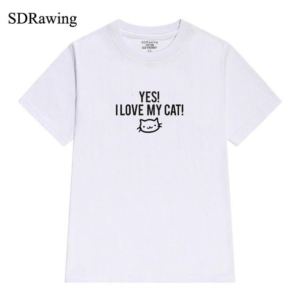 

women's t-shirt funny yes i love my cat letter print cotton t shirts for women kitty lover graphic tees hipster tumblr summer drop shi, White