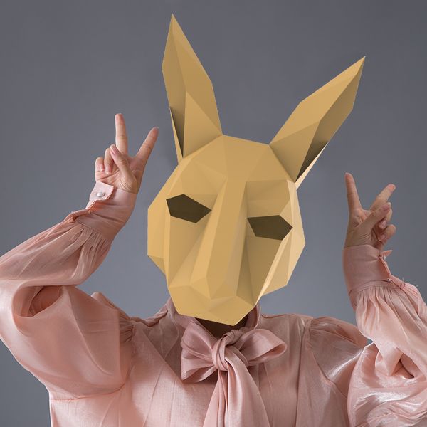 

mascot doll costume 3d paper mold animal white rabbit head mask headgear halloween props woman men party role play dress up diy craft masks, Red;yellow