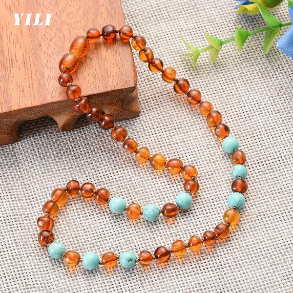 

chokers wholesale amber teething necklace for baby polished turquoise(cognac) ambers beads jewelry children, Golden;silver