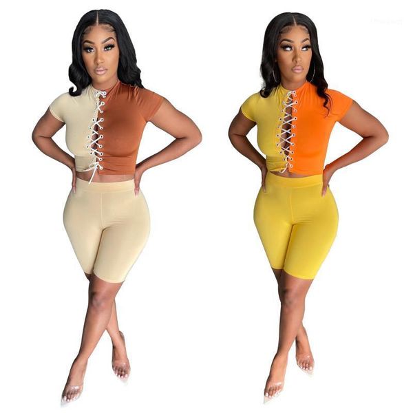 

women's tracksuits sujying 2021 summer fashion casual bandage sports close-fitting short sleeve suit, Gray