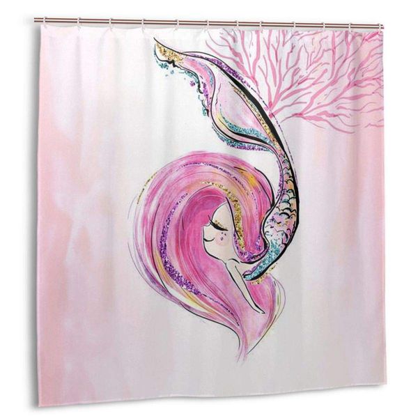 

shower curtain pink mermaid washable waterproof bathroom curtains with 12 hooks