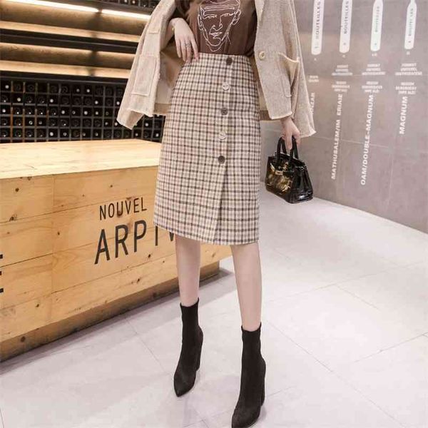 

winter retro wool skirt female autumn and new england style plaid pencil skirt women back split office skirts womens mujer 210324, Black